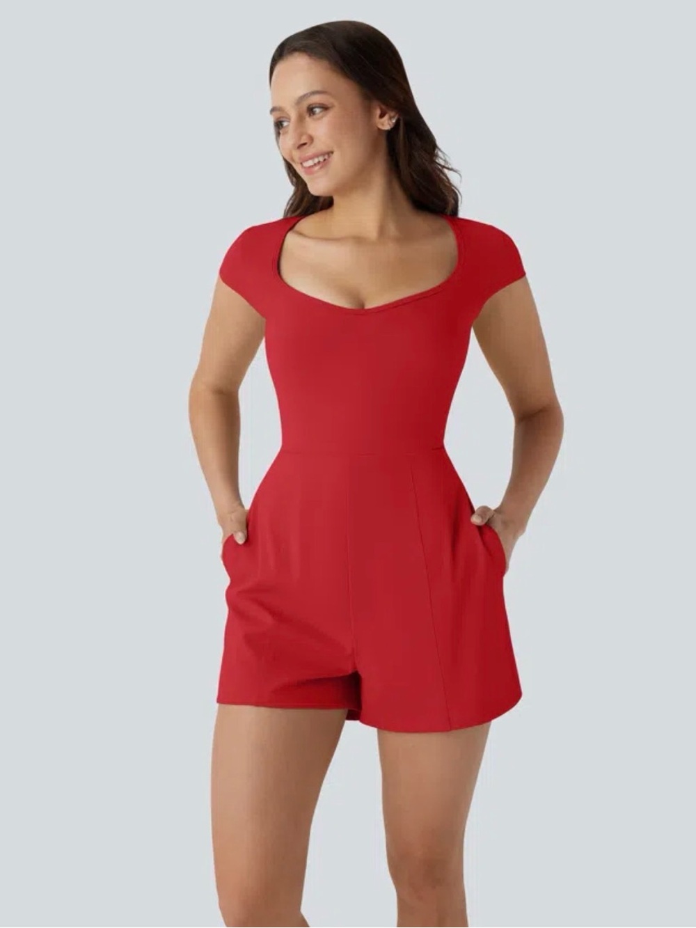 Halara Softly zero Airy EasyPeezy U Neck Cap Sleeve Cool Touch Yoga Romper Red1X